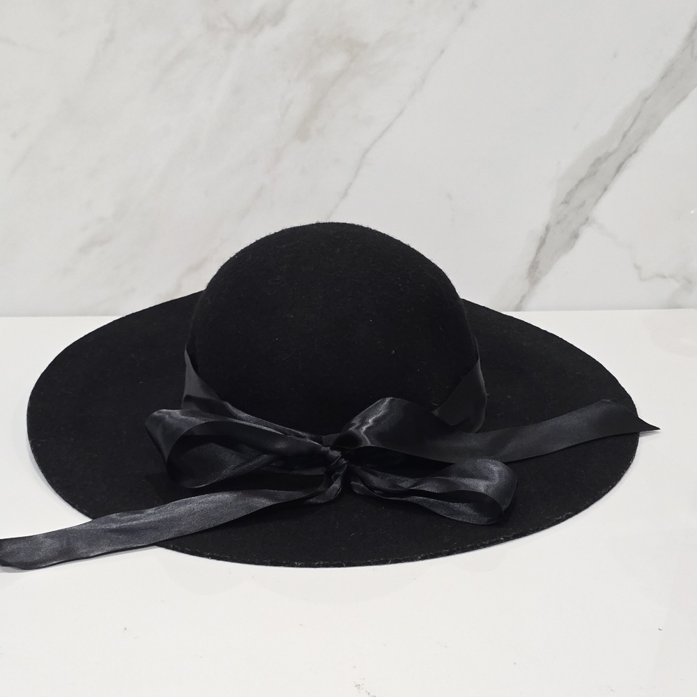 Express women's 100% wool hat Elegant Black Wide-Brim Hat with Satin Ribbon